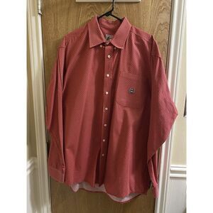 Cinch Button Down Shirt Mens L Cotton Red w/ Orange Geometric Long Sleeve